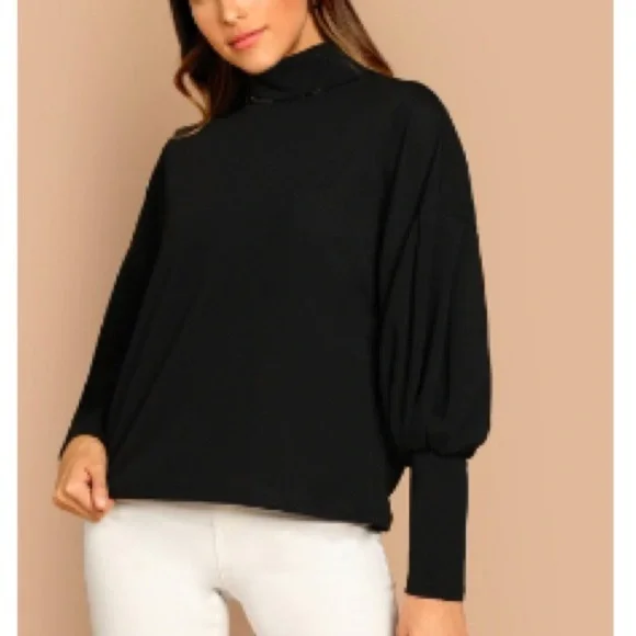 Mock Neck Leg-of-Mutton Sleeve Solid Pullover L - Picture 1 of 1